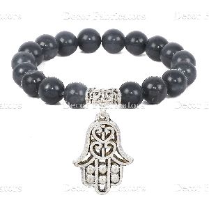 Semi Precious Iolite Elastic Stone Bracelet with Hamsa Charm