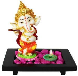 Standing Bansuri Ganesha Idol With Wooden Tray