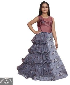 Girls Grey Frilled Floral Party Gown