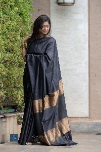 Black plain tussar silk handwoven saree