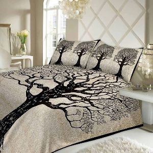 BLACK DRY TREE PRINT COTTON DOUBLE BED SHEET WITH 2 PILLOW COVERS