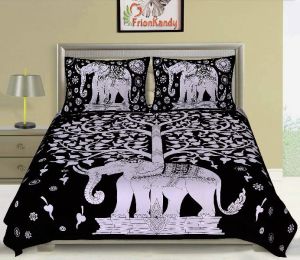 BLACK ELEPHANT TREE PRINT COTTON DOUBLE BED SHEET WITH 2 PILLOW COVERS