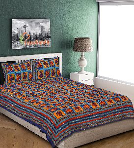 BLUE KANTHA HAND WORK COTTON DOUBLE BED SHEET WITH 2 PILLOW COVERS