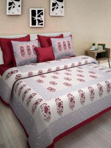 RED BUTA PRINT COTTON DOUBLE BED SHEET WITH 2 PILLOW COVERS