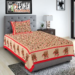 RED JAIPURI PRINT COTTON SINGLE BED SHEET WITH 1 PILLOW COVER