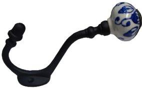 Ceramic blue pattern matte black cast iron coat hook