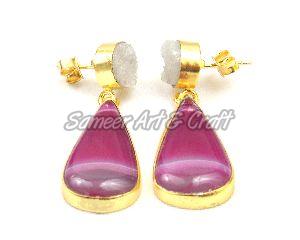 Agate and White Druzy Gemstone Stud Earring with Gold Plated