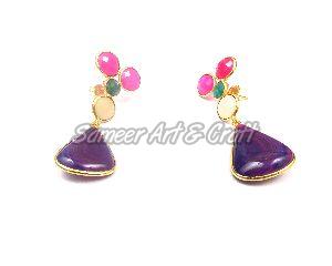 Agate & Hot Pink, Grey Chalcedony with Dyed Emerald Gemstone Stud Earring with gold plated