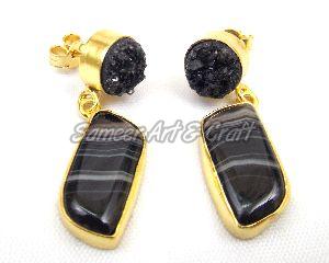 Black Agate and Black Druzy Gemstone Stud Earring with Gold Plated