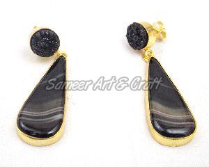 Black Agate and Black Druzy Gemstone Stud Earring with Gold Plated