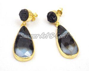 Black Onyx Agate and Black Druzy Gemstone Stud Earring