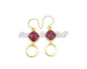 Dyed Ruby Gemstone Earring Cushion Shape with gold plated