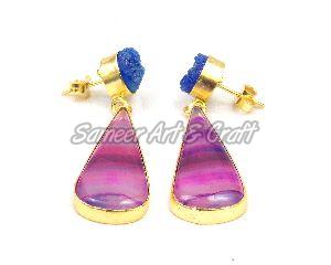 Pink Agate and Blue Druzy Gemstone Stud Earring with Gold Plated