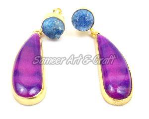 Purple Agate and Blue Druzy Gemstone Stud Earring with gold plated