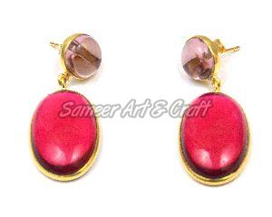 Rubellite Quartz & Amethyst Quartz Stud Earring withe Gold Plated