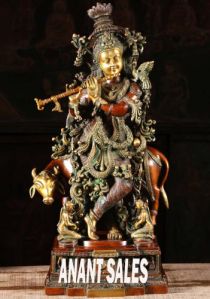 Brass Cow Krishna Statue