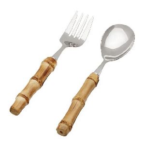 Bamboo Handle Stainless Steel Serving Spoon and Fork Set