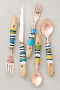 Rose Gold Stainless Steel Flatware set with Colorful Wooden Handle