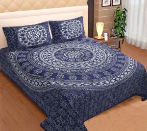 Cotton Rajasthani Indian Indigo Bedsheet King Size with 2 Pillow Cover