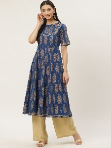 Blue Cotton Printed Anarkali Kurta