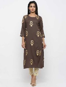 Womens Rayon Floral Printed Round Neck Ethnic Set