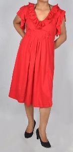 Knee Length Dress with Frill Neck and Sleeves