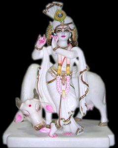 Marble Krishna with Cow Statue