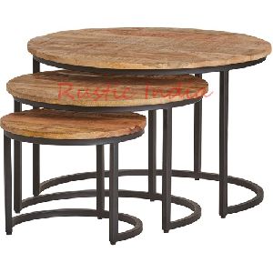 Brown Iron & Wooden Coffee Table Set