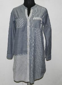Ladies Cotton Woven Stripes Patchwork Long Shirts