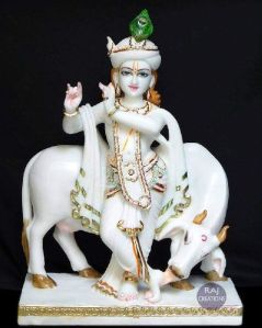 Marble Krishna Statue with Cow