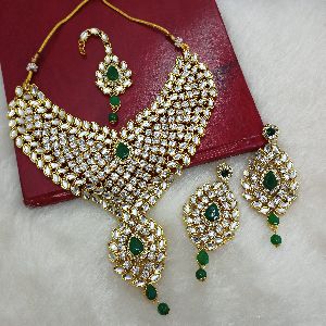 Gold Plated party Wear Kundan CZ Green Necklace Earrings set