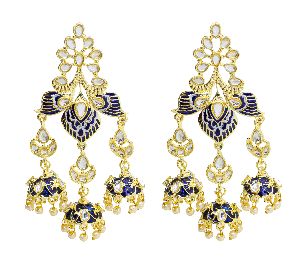 blue gold plated kundan meenakari earrings