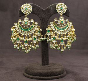 Pachi Kundan Chand Bali Long Gold Plated Earrings