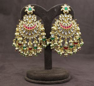 Pachi Kundan Multicolor Chand Bali Long Gold Plated Earrings