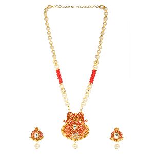 faux pearl crystal kundan pendant strand necklace earrings set