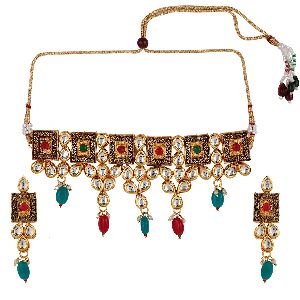 gold plated kundan ruby wedding choker necklace set