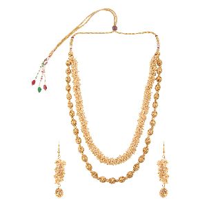 gold plated faux pearl beads strand statement necklace earrings set