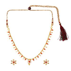 faux coral pearl temple choker necklace set