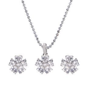 crystal silver tone cubic zirconia pendant chain set