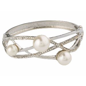 silver tone stainless steel pearl hinged open cuff bracelet