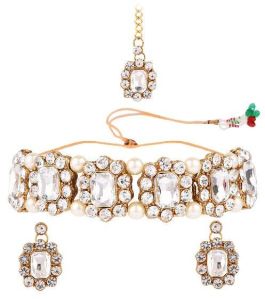 wedding crystal maang tikka earrings necklace set