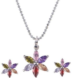 indian silver tone crystal cz flower pendant chain set