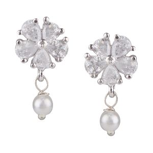 indian silver tone cubic zirconia floral pearl drop stud earrings