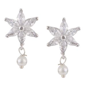 silver tone cubic zirconia pearl drop stud pierced earrings