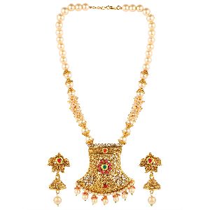 crystal kundan pearl beaded wedding temple choker necklace set