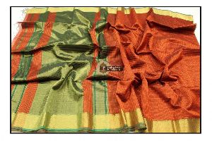 Maheshwari Rust Orange Jari Checkered saree