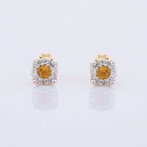 Citrine With Tiny Diamond 14K Yellow Gold Studs