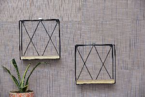 Metal Wire Framed Floating Shelves with Wooden Base (Natural Finish, Set of 2, Black)