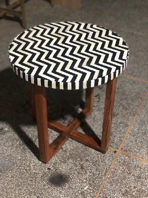 Bone Inlay Round Side Table with Wooden Legs