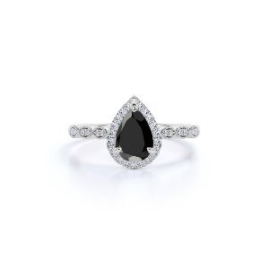 1.50 Ct Pear Cut Black Diamond Unique Halo Ring In 14k Gold